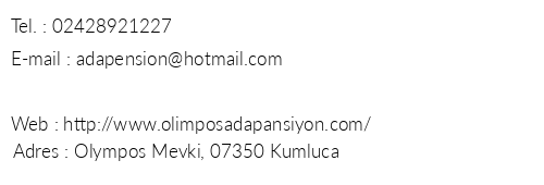 Ada Pansiyon Camping Olympos telefon numaralar, faks, e-mail, posta adresi ve iletiim bilgileri